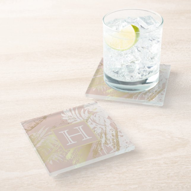 Posavasos De Vidrio Monograma de hojas de palmera doradas de Rubor (Angular)