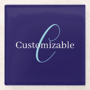 Posavasos De Vidrio Monograma de letra cursiva editable azul violáceo