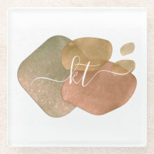Posavasos De Vidrio Monograma de letra script con formas abstractas y