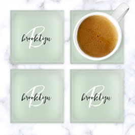 Posavasos De Vidrio Monograma de letra script verde salvia negro y bla