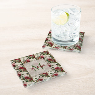 Posavasos De Vidrio Monograma de libélulas de crema y Rosas