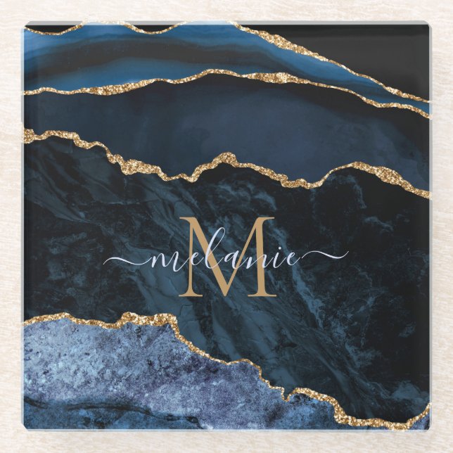 Posavasos De Vidrio Monograma de mármol azul de oro de la marina (Anverso)