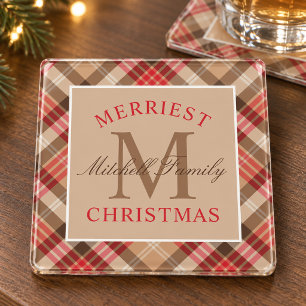 Posavasos De Vidrio Monograma de Navidad de Cuadros Escoceses Rojo y B