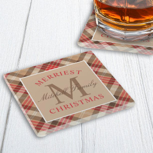 Posavasos De Vidrio Monograma de Navidad de Cuadros Escoceses Rojo y B