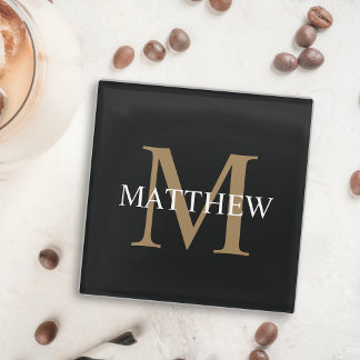 Posavasos De Vidrio Monograma de nombre personalizado negro