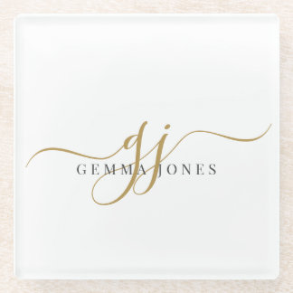 Posavasos De Vidrio Monograma de oro negro moderno Nombre de guión ini