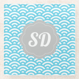Posavasos De Vidrio Monograma de Personalizado de onda azul claro