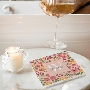 Posavasos De Vidrio Monograma de Rosas Florales Pintadas a Mano Rosa C
