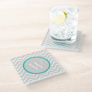Posavasos De Vidrio Monograma de vidrio de chequeo verde azulado de ch