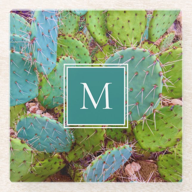Posavasos De Vidrio Monograma del cactus botánico del desierto (Anverso)