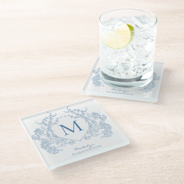 Posavasos De Vidrio Monograma del Escudo floral azul clásico francés (Angular)