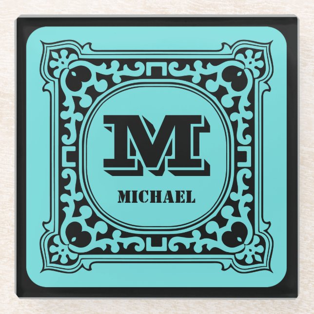 Posavasos De Vidrio Monograma del nombre del alfabeto decorativo verde (Anverso)