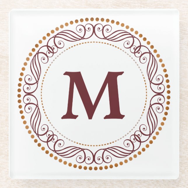 Posavasos De Vidrio Monograma del rojo del marco del remolino (Anverso)