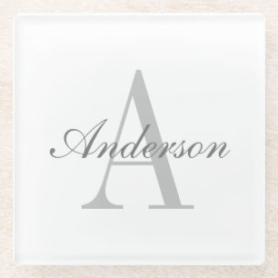Posavasos De Vidrio Monograma elegante blanco y gris