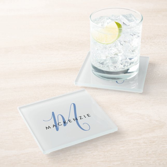 Posavasos De Vidrio Monograma elegante de escritura azul blanco modern (Angular)