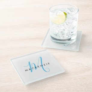 Posavasos De Vidrio Monograma elegante de escritura azul del cielo bla