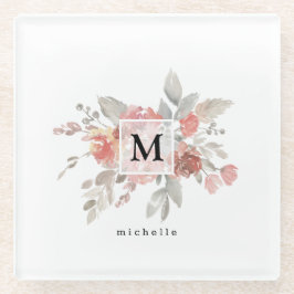 Posavasos De Vidrio Monograma elegante de flores grisáceas rosadas