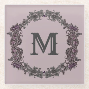Posavasos De Vidrio Monograma elegante enmarcado en morado y plateado