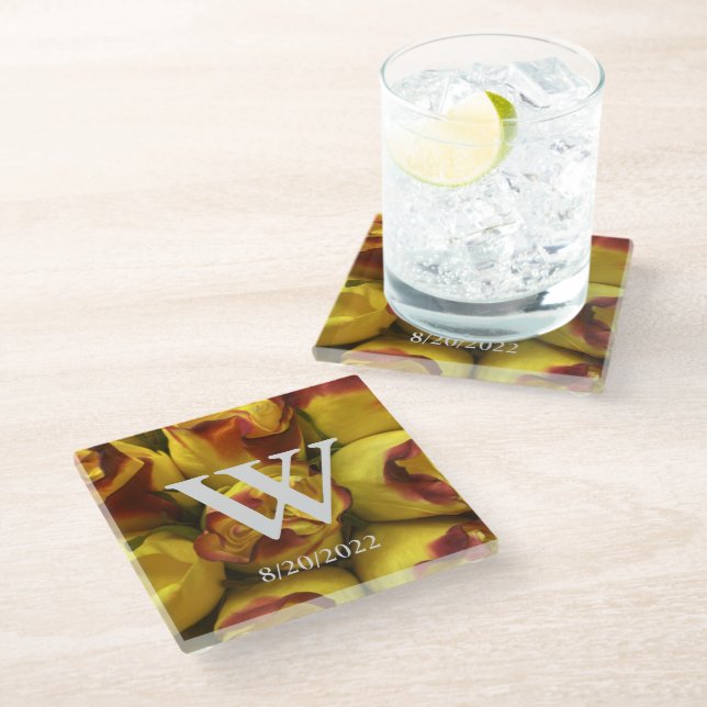 Posavasos De Vidrio Monograma elegante Monograma Floral Glass Coaster (Angular)