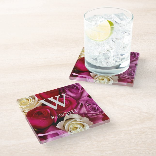Posavasos De Vidrio Monograma elegante Monograma Floral Glass Coaster (Angular)