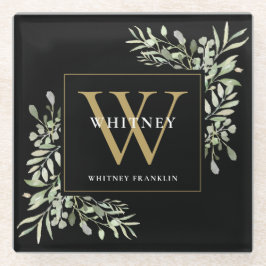 Posavasos De Vidrio Monograma elegante verde moderno oro negro