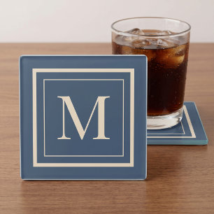 Posavasos De Vidrio Monograma enmarcado personalizado azul y vainilla
