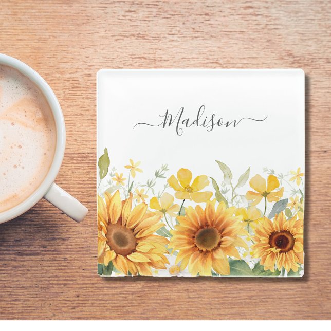 Posavasos De Vidrio Monograma Flor Amarilla Flor de girasol Floral Bot (In situ)