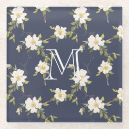 Posavasos De Vidrio Monograma floral azul marino