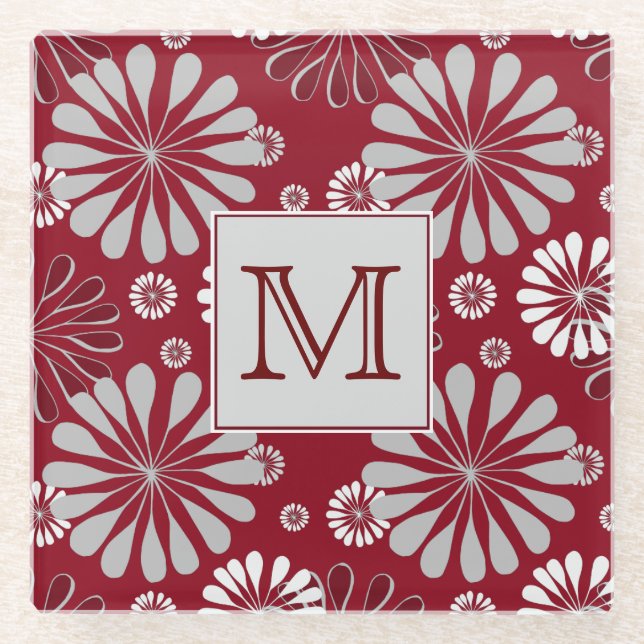 Posavasos De Vidrio Monograma floral borgoñón y gris (Anverso)