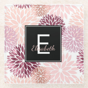 Posavasos De Vidrio Monograma Floral de Acuarela Rosa y Vino Burdeos
