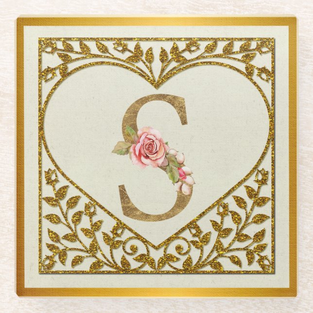 Posavasos De Vidrio Monograma floral personalizado, de A a Z (Anverso)