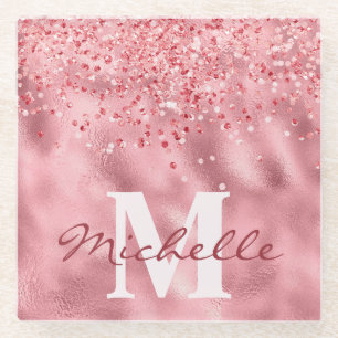 Posavasos De Vidrio Monograma Glamuroso de Brillo Rosa