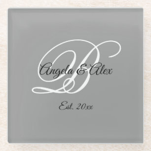 Posavasos De Vidrio Monograma gris de escritura elegante en blanco y n