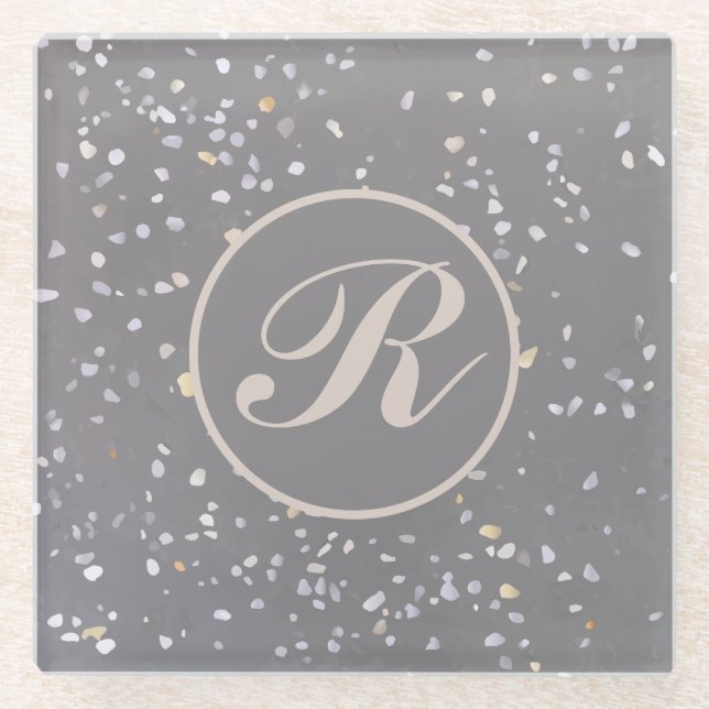 Posavasos De Vidrio Monograma Gris moderno Terrazzo (Anverso)