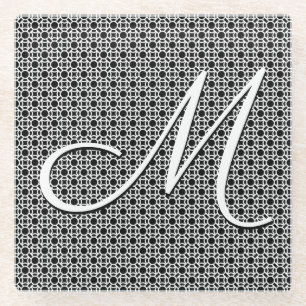 Posavasos De Vidrio Monograma inicial geométrico blanco y negro