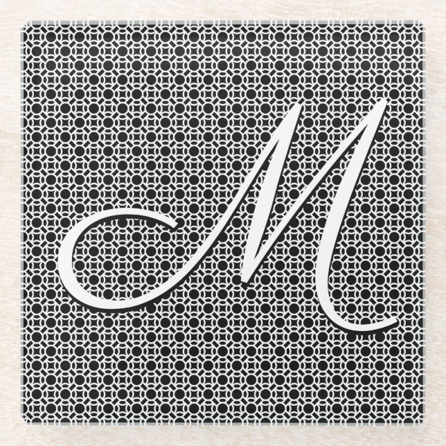 Posavasos De Vidrio Monograma inicial geométrico blanco y negro (Anverso)