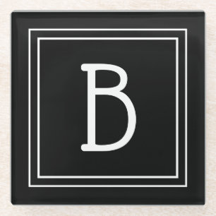 Posavasos De Vidrio Monograma Inicial Moderno y Elegante en Negro y Bl
