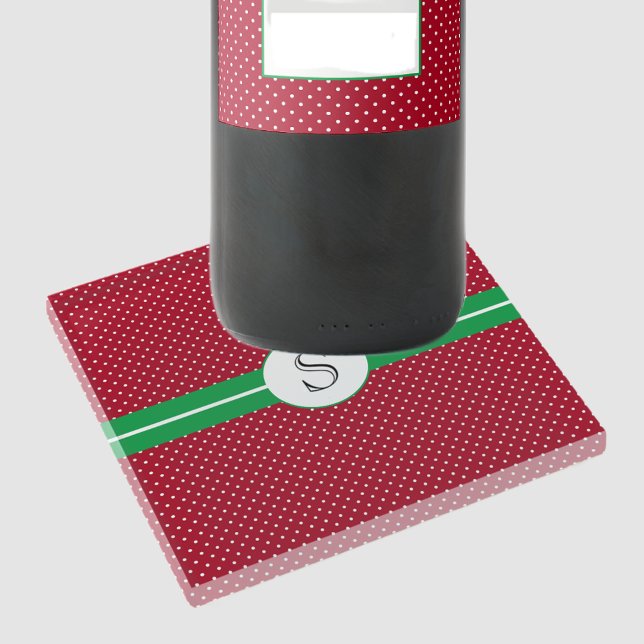 Posavasos De Vidrio Monograma inicial, verde rojo, puntos de polka bla (Subido por el creador)