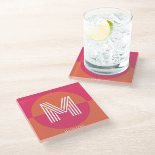 Posavasos De Vidrio Monograma moderno geométrico rosa naranja retro ch