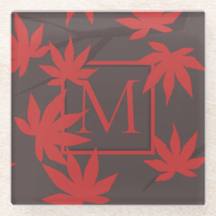 Posavasos De Vidrio Monograma Moderno Hoja de Arce Roja Gris