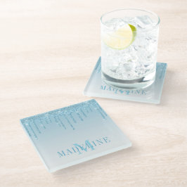 Posavasos De Vidrio Monograma moderno Purpurina azul claro de moda
