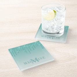 Posavasos De Vidrio Monograma moderno Verde azulado de moda