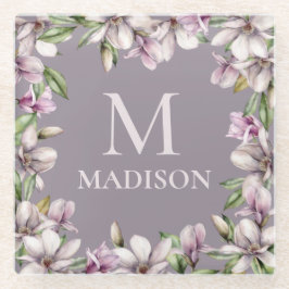 Posavasos De Vidrio Monograma Monogramado Magnolia Floral Personalizad