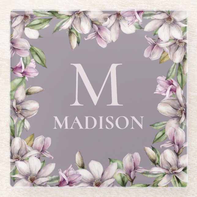 Posavasos De Vidrio Monograma Monogramado Magnolia Floral Personalizad (Anverso)