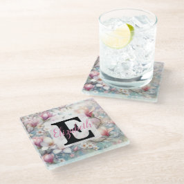 Posavasos De Vidrio Monograma nombre en Flores de acuarela en pasteles