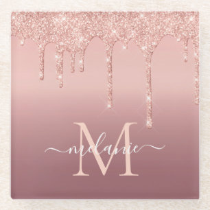Posavasos De Vidrio Monograma Nombre Texto Rosa Monstruo de vidrio de 