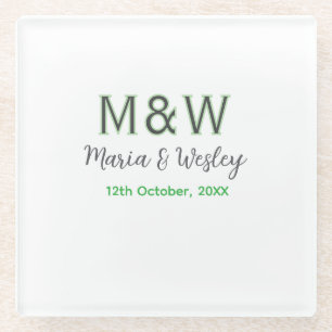 Posavasos De Vidrio Monograma pareja gris verde cita romántica moderna
