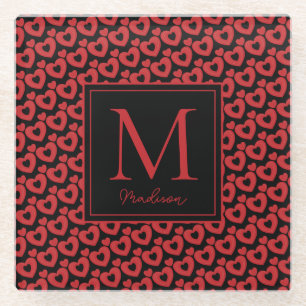 Posavasos De Vidrio Monograma personalizado de corazones rojos y negro