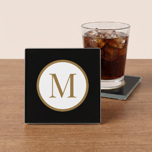 Posavasos De Vidrio Monograma personalizado de sello central negro y d