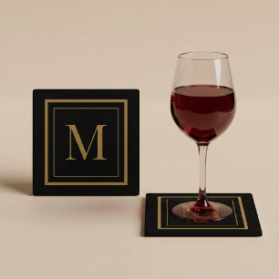 Posavasos De Vidrio Monograma personalizado en marco negro y dorado